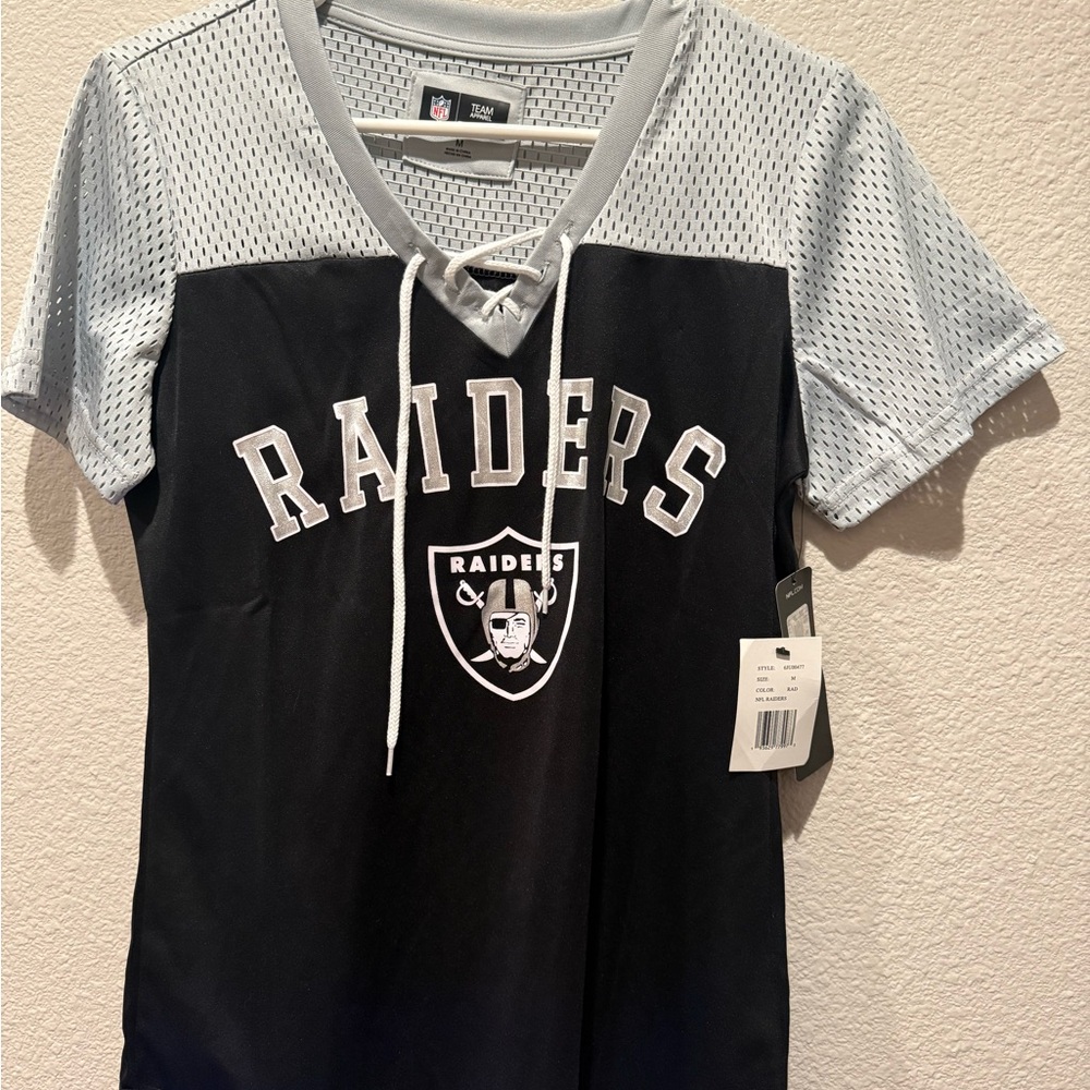 New-Womens Oakland Raiders NFL V-Neck Jersey- Black-Gray w adjustable lace up